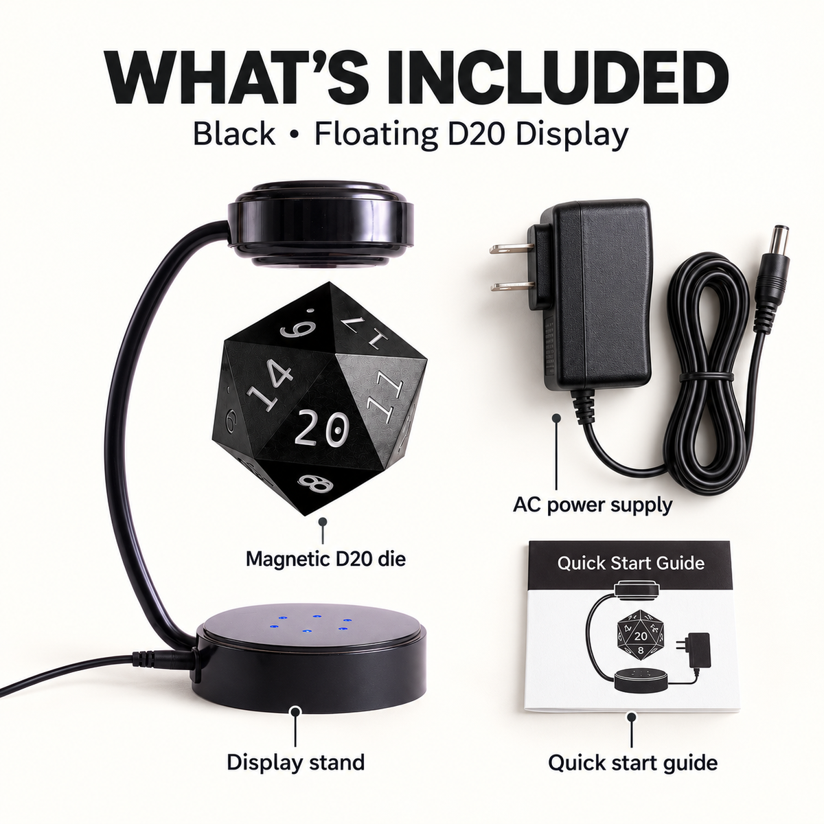 Black A&B1 floating D20 display lamp — box contents