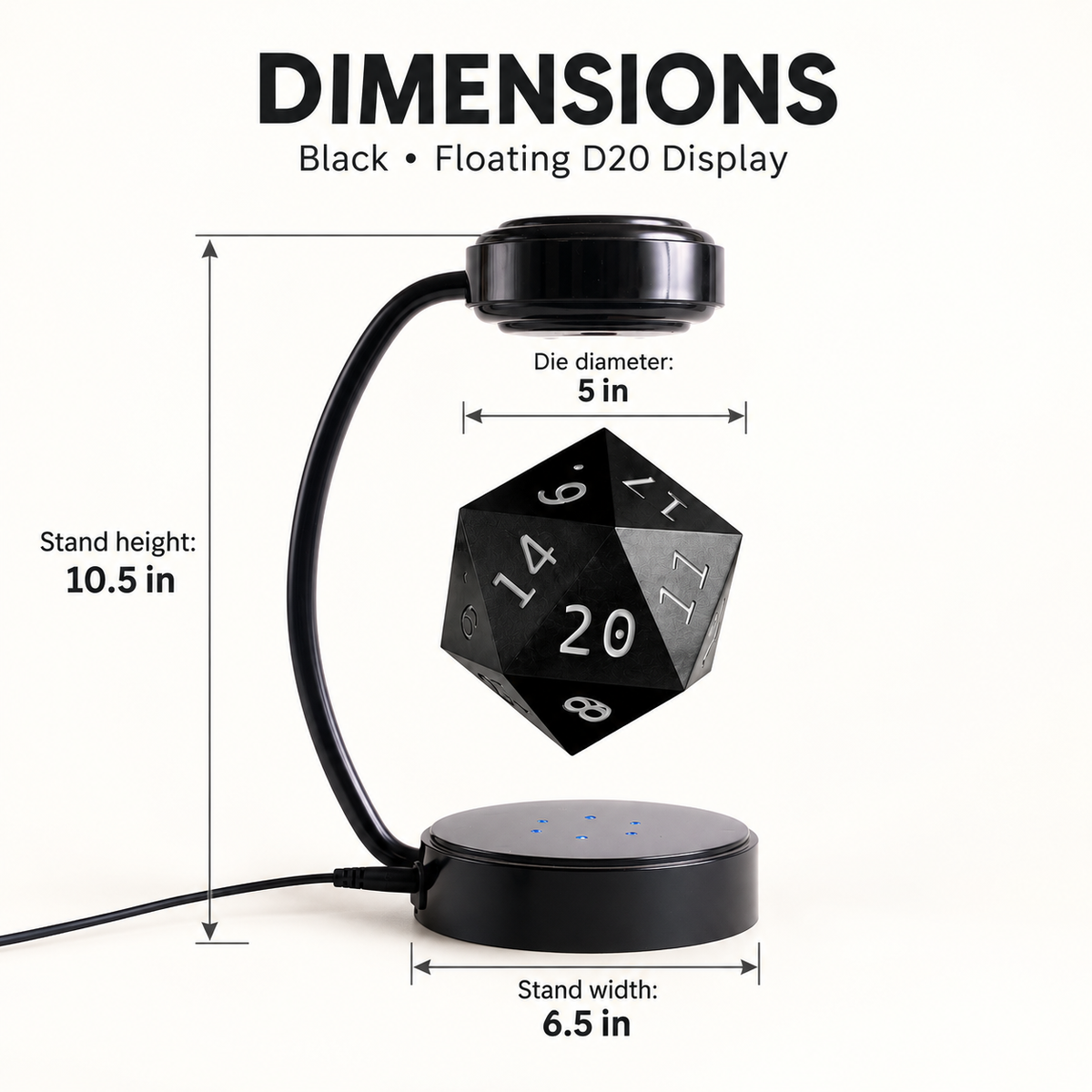 Black A&B1 floating D20 display lamp — dimensions