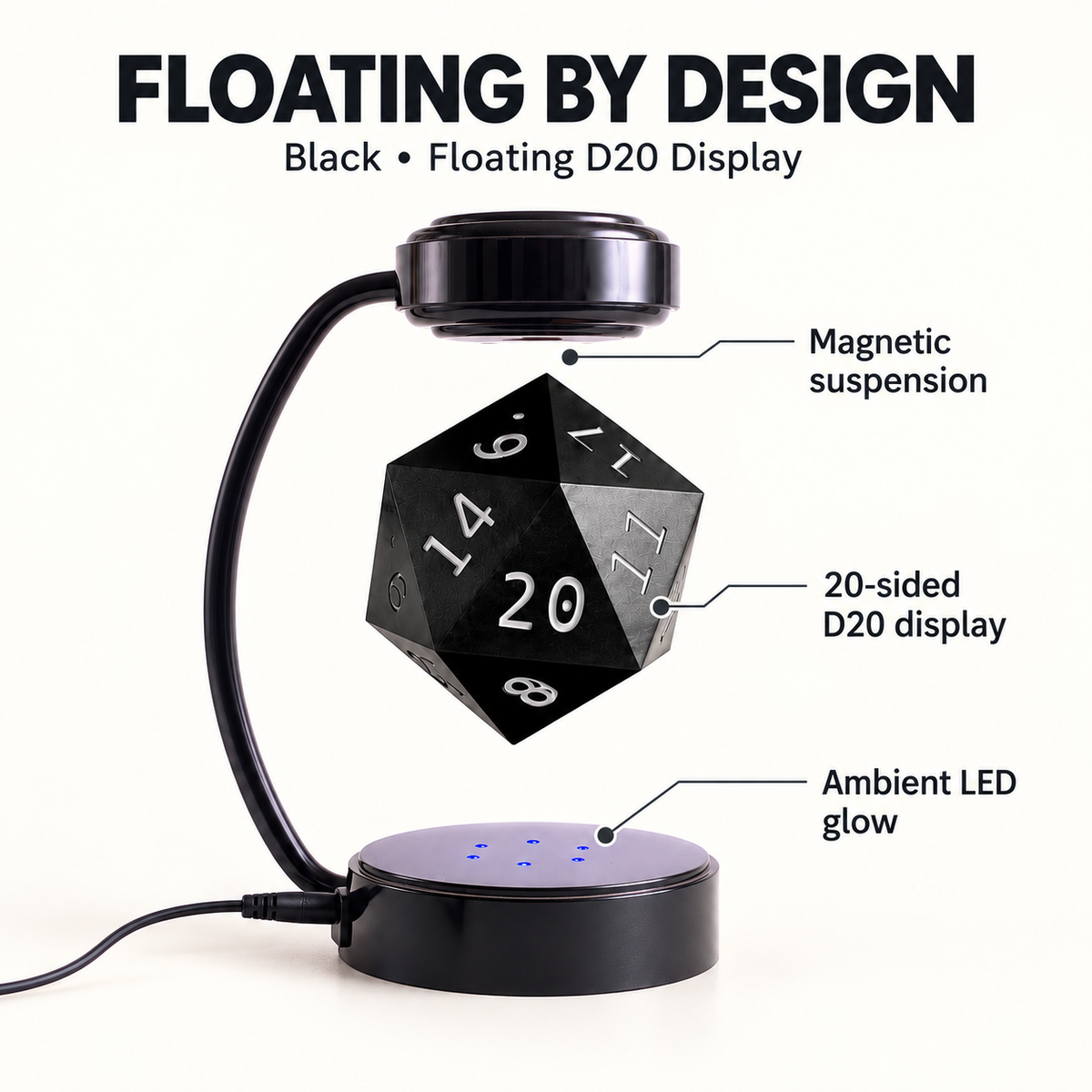 Black A&B1 floating D20 display lamp — features