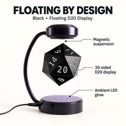 Black A&B1 floating D20 display lamp — features