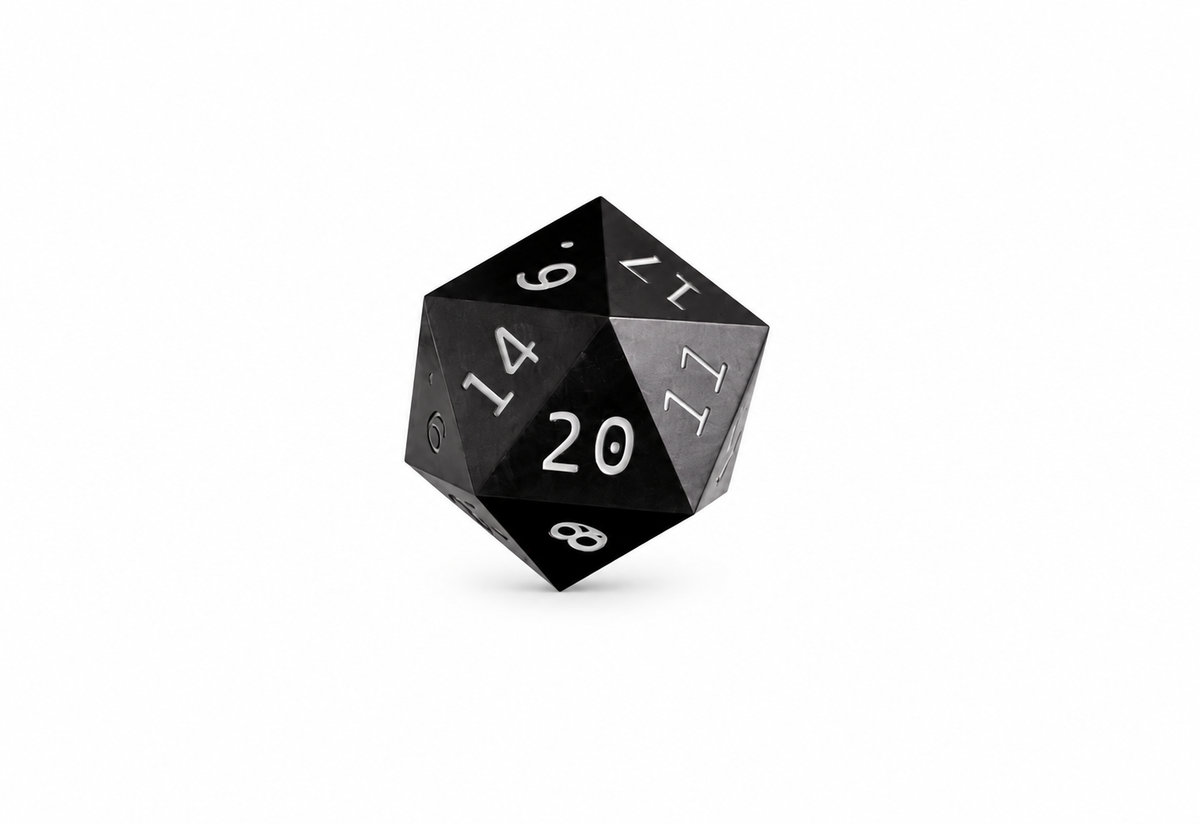 Black D20 die only on white background; stand sold separately