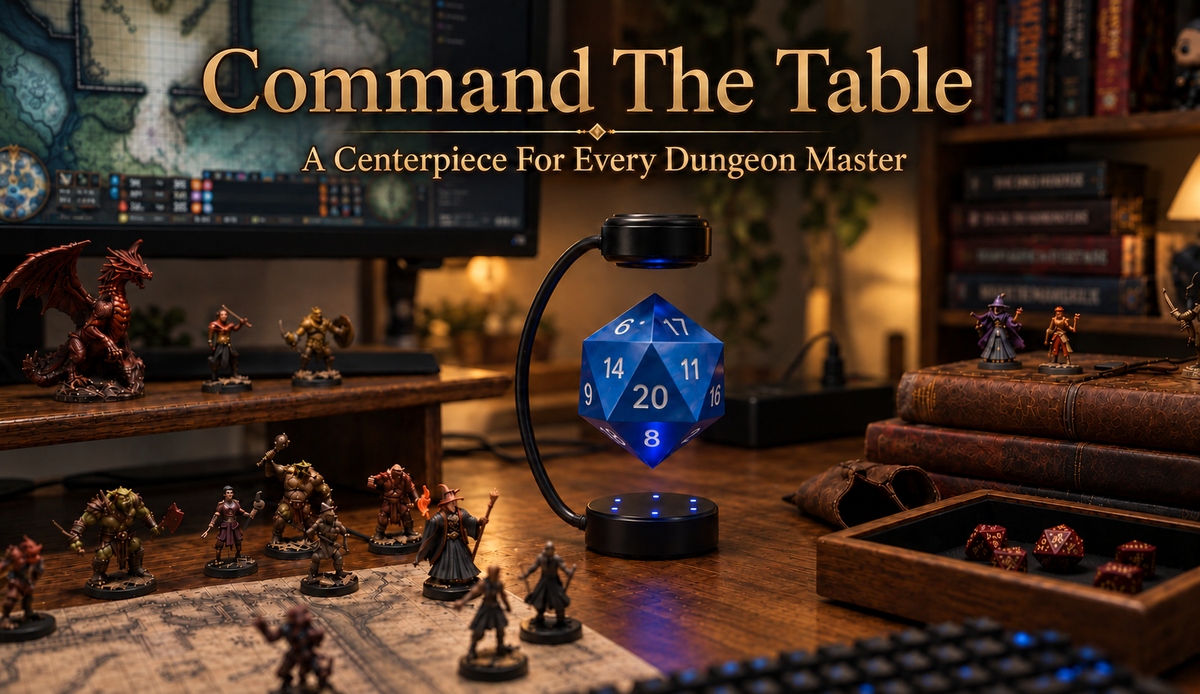 Command the Table: blue hovering D20 lamp with white numbers on a tabletop gaming desk