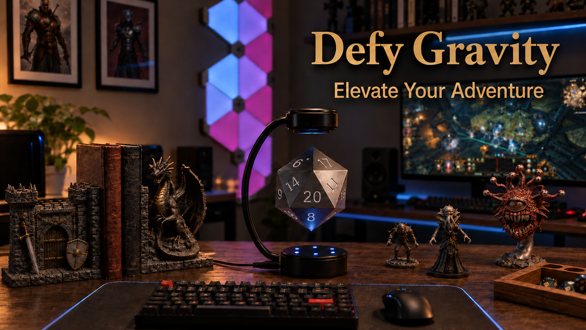 Defy Gravity: steel hovering D20 lamp with accurate face numbers on a gaming desk