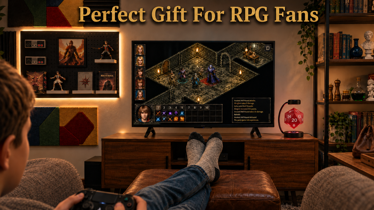 Perfect Gift for RPG Fans: red D20 lamp beside a gamer's television