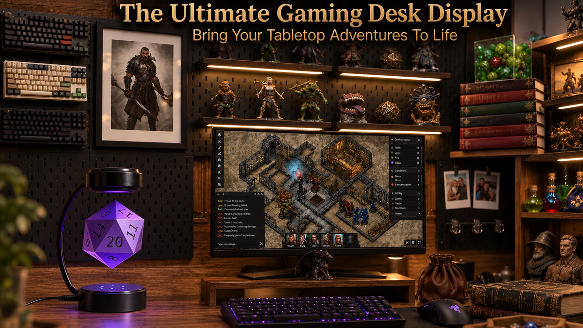 Ultimate Gaming Desk Display: purple hovering D20 lamp with black numbers