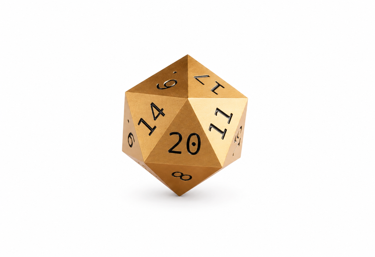 Gold D20 die only on white background; stand sold separately
