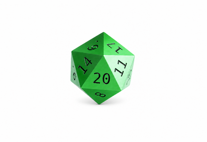 Green D20 die only on white background; stand sold separately