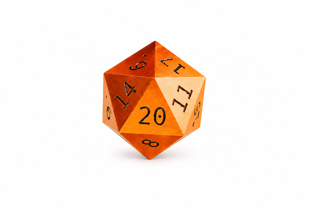 Orange D20 die only on white background; stand sold separately