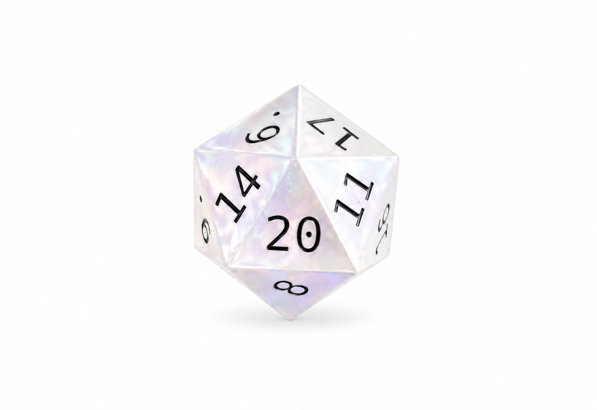 Pearl D20 die only on white background; stand sold separately
