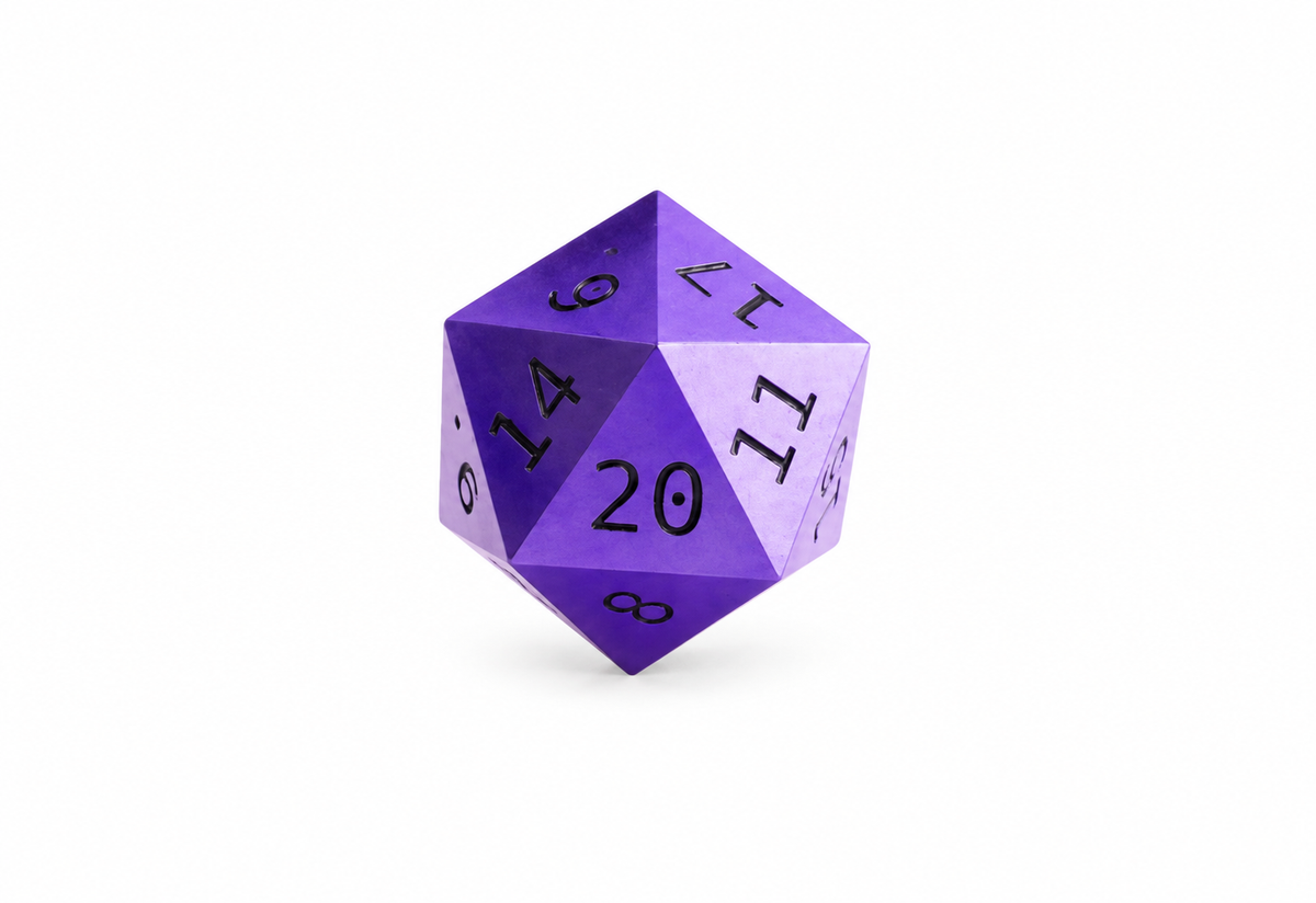 Purple D20 die only on white background; stand sold separately