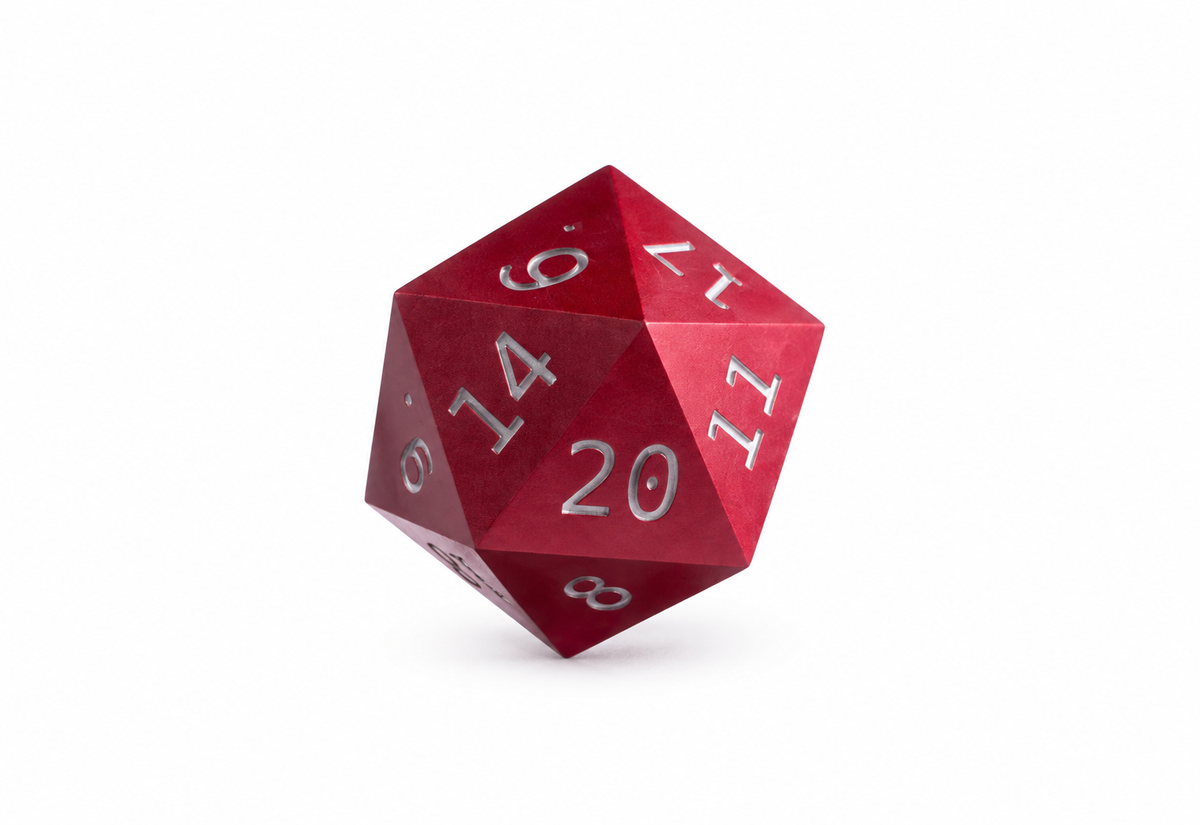 Red D20 die only on white background; stand sold separately