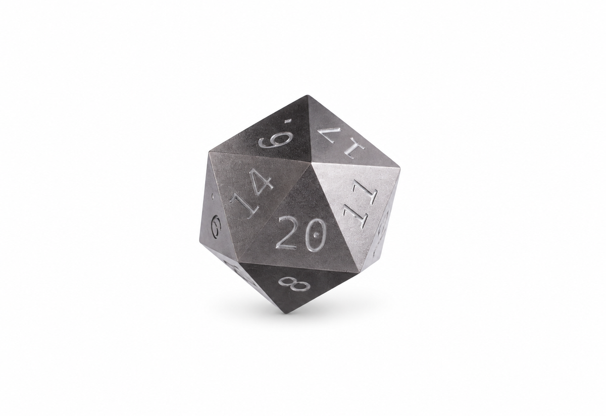 Steel D20 die only on white background; stand sold separately