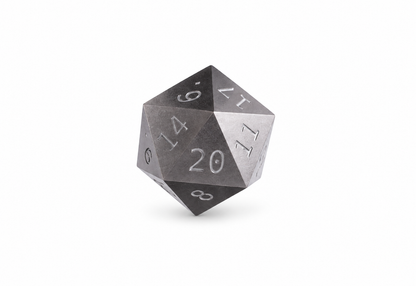 Steel D20 die only on white background; stand sold separately