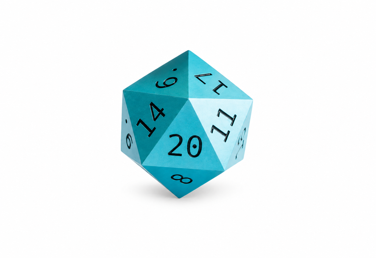 Turquoise D20 die only on white background; stand sold separately